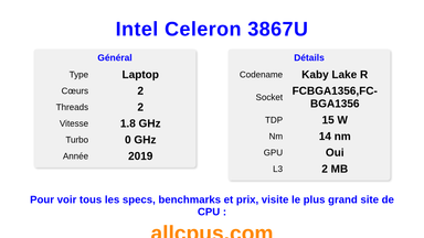 Intel Celeron 3867U Spécifications et benchmarks du CPU