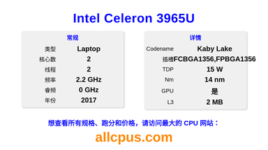 Intel Celeron 3965U CPU 规格和跑分