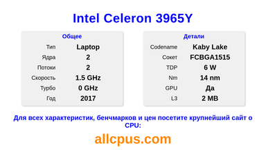 Intel Celeron 3965Y Характеристики и бенчмарки CPU