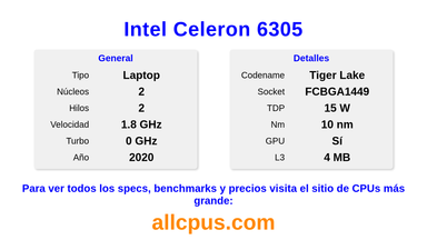 Intel Celeron 6305 Especificaciones y benchmarks de la CPU
