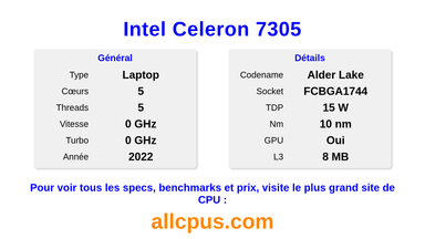 Intel Celeron 7305 Spécifications et benchmarks du CPU