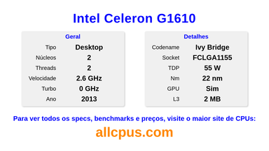 Intel Celeron G1610 Especificações e benchmarks da CPU