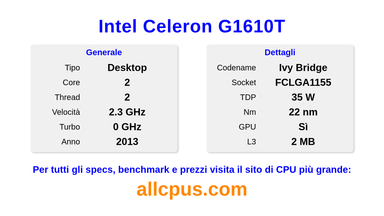 Intel Celeron G1610T Specifiche e benchmark della CPU