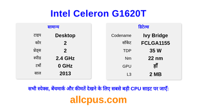 Intel Celeron G1620T CPU की स्पेसिफिकेशन और बेंचमार्क