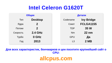 Intel Celeron G1620T Характеристики и бенчмарки CPU