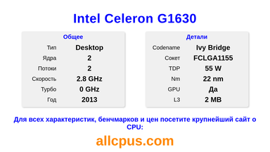 Intel Celeron G1630 Характеристики и бенчмарки CPU
