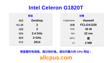 Intel Celeron G1820T CPU 规格和跑分