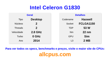 Intel Celeron G1830 Especificações e benchmarks da CPU