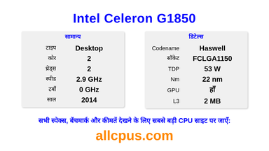 Intel Celeron G1850 CPU की स्पेसिफिकेशन और बेंचमार्क