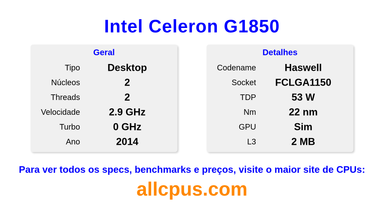 Intel Celeron G1850 Especificações e benchmarks da CPU