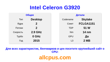 Intel Celeron G3920 Характеристики и бенчмарки CPU