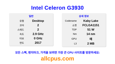 Intel Celeron G3930 CPU 사양과 벤치마크