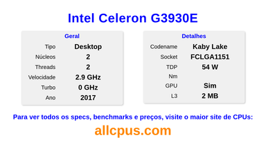 Intel Celeron G3930E Especificações e benchmarks da CPU