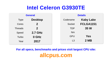 Intel Celeron G3930TE CPU Specifications and Benchmark