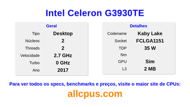 Intel Celeron G3930TE Especificações e benchmarks da CPU