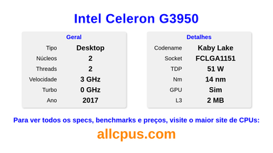 Intel Celeron G3950 Especificações e benchmarks da CPU