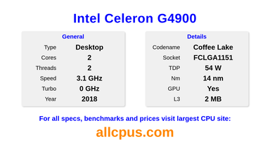 Intel Celeron G4900 CPU Specifications and Benchmark