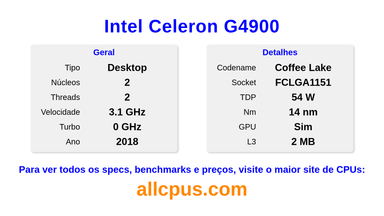 Intel Celeron G4900 Especificações e benchmarks da CPU