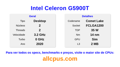 Intel Celeron G5900T Especificações e benchmarks da CPU
