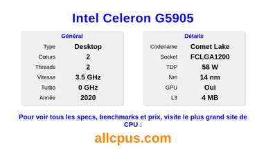 Intel Celeron G5905 Spécifications et benchmarks du CPU