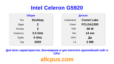 Intel Celeron G5920 Характеристики и бенчмарки CPU