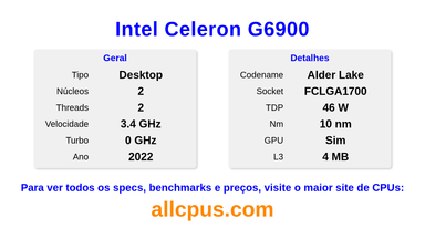 Intel Celeron G6900 Especificações e benchmarks da CPU