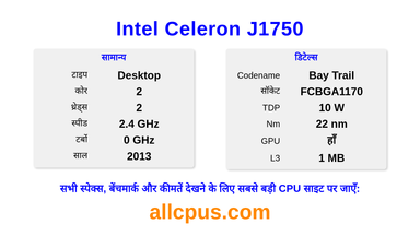 Intel Celeron J1750 CPU की स्पेसिफिकेशन और बेंचमार्क