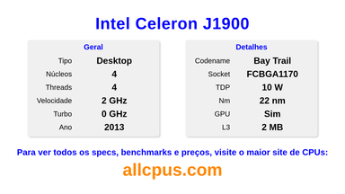Intel Celeron J1900 Especificações e benchmarks da CPU