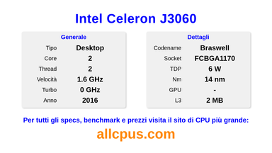 Intel Celeron J3060 Specifiche e benchmark della CPU
