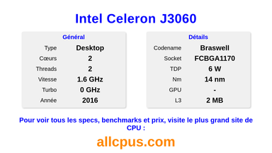 Intel Celeron J3060 Spécifications et benchmarks du CPU