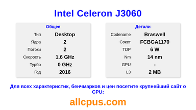 Intel Celeron J3060 Характеристики и бенчмарки CPU
