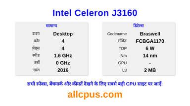 Intel Celeron J3160 CPU की स्पेसिफिकेशन और बेंचमार्क