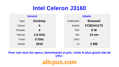 Intel Celeron J3160 Spécifications et benchmarks du CPU