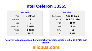 Intel Celeron J3355 Especificaciones y benchmarks de la CPU