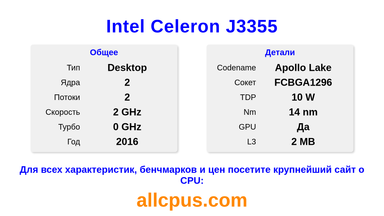 Intel Celeron J3355 Характеристики и бенчмарки CPU