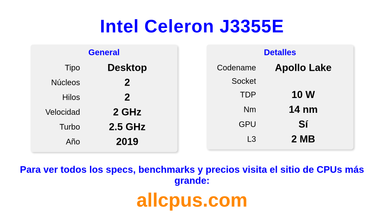 Intel Celeron J3355E Especificaciones y benchmarks de la CPU