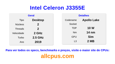 Intel Celeron J3355E Especificações e benchmarks da CPU