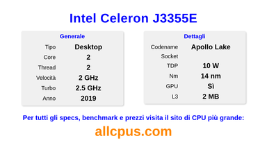 Intel Celeron J3355E Specifiche e benchmark della CPU