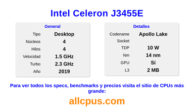 Intel Celeron J3455E Especificaciones y benchmarks de la CPU