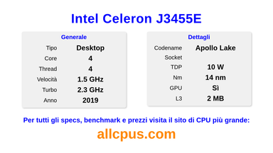 Intel Celeron J3455E Specifiche e benchmark della CPU