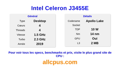 Intel Celeron J3455E Spécifications et benchmarks du CPU