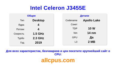 Intel Celeron J3455E Характеристики и бенчмарки CPU