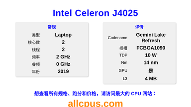 Intel Celeron J4025 CPU 规格和跑分