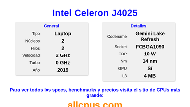 Intel Celeron J4025 Especificaciones y benchmarks de la CPU