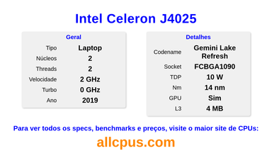 Intel Celeron J4025 Especificações e benchmarks da CPU