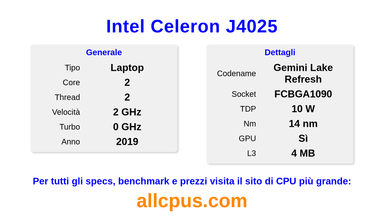 Intel Celeron J4025 Specifiche e benchmark della CPU