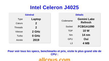 Intel Celeron J4025 Spécifications et benchmarks du CPU