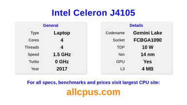 Intel Celeron J4105 CPU Specifications and Benchmark