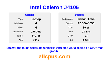 Intel Celeron J4105 Especificaciones y benchmarks de la CPU