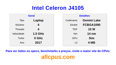 Intel Celeron J4105 Especificações e benchmarks da CPU